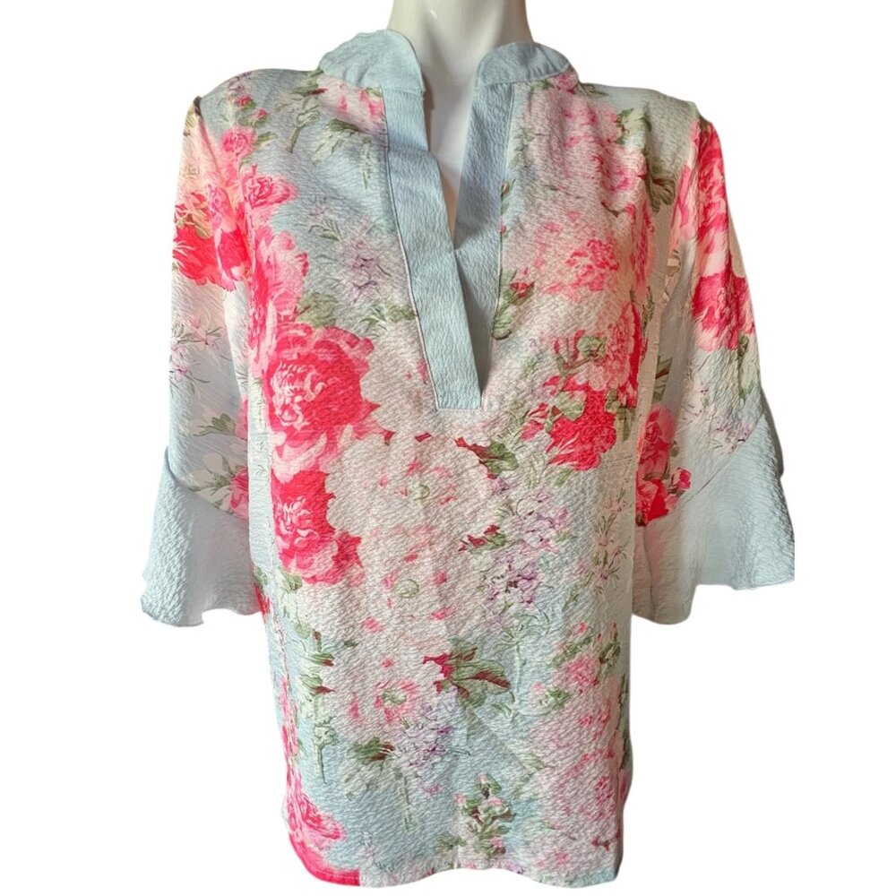 Floral Print Womens Tunic Top With Ruffled Sleeves & Split Neck Design Lightweig